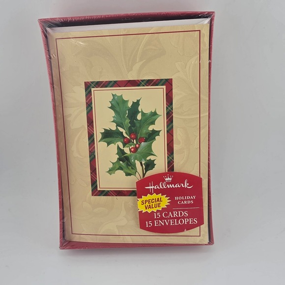 Hallmark Holiday Cards, Traditional Holly Design, 15 Cards/Envelopes, New - Picture 1 of 4